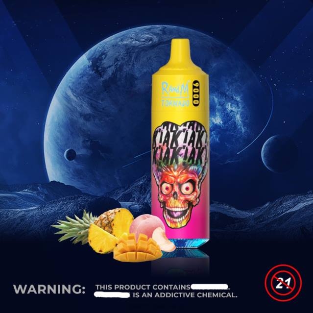 2V0J133 RandM Tornado 9000 vape pod-enhet 1st version 1 RandM vape Sweden persika mango ananas